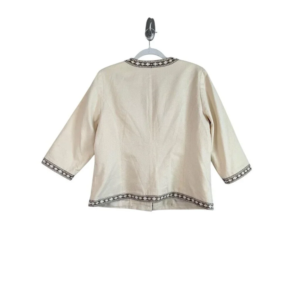 CHICO'S Women’s Embellished Jacket Tan Beige Embroidered‎ 3/4 Sleeves Size 2